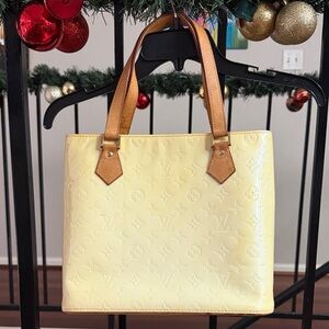 Louis Vuitton Pale Yellow Vernis Tote with Tan Handles